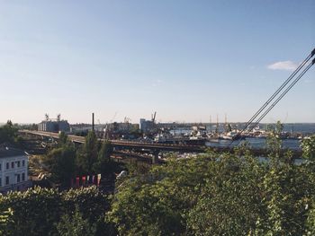 View of harbor against blue sky