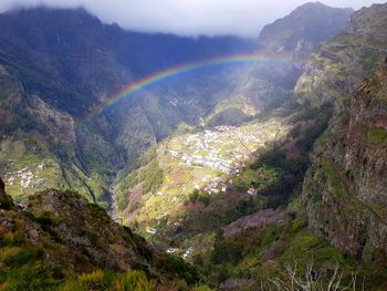High angle view of rainbow over mountains