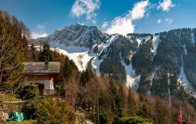 Panoramic view of trees and snowcapped mountains against sky