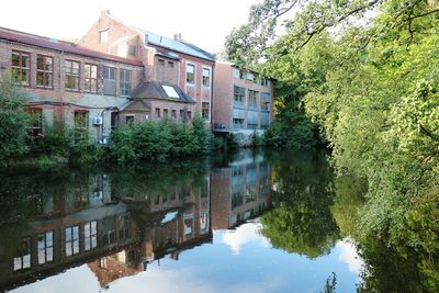 Reflection of trees and buildings on lake