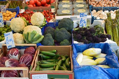 Various vegetables for sale at market stall