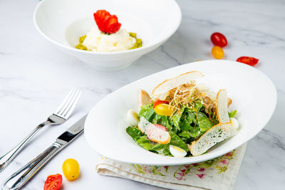 High angle view of food in plate on table