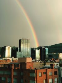 Rainbow over cityscape against sky