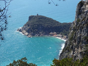 High angle view of bay and rocks