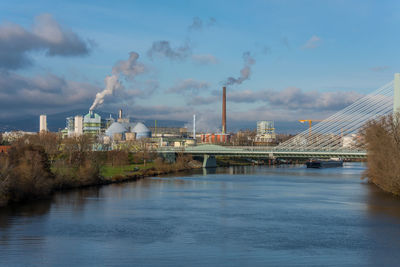 Barge in front of industrial plants on the main river in frankfurt hoechst, germany