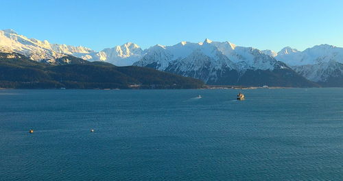 Scenic view of sea and mountains against clear sky