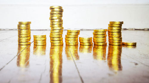 Close-up of coin on table