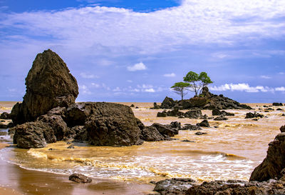 Rocks on beach against sky