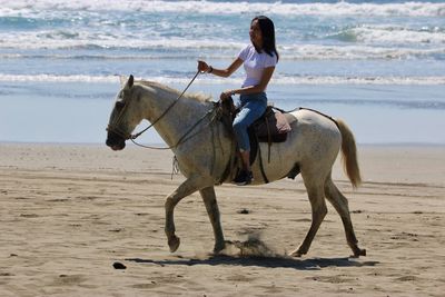 Woman riding horse at beach
