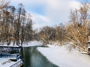 Bare trees by river against sky during winter