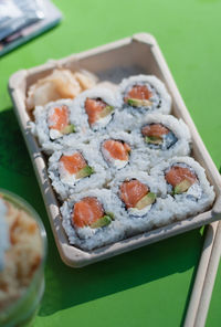 Close-up of sushi served on table