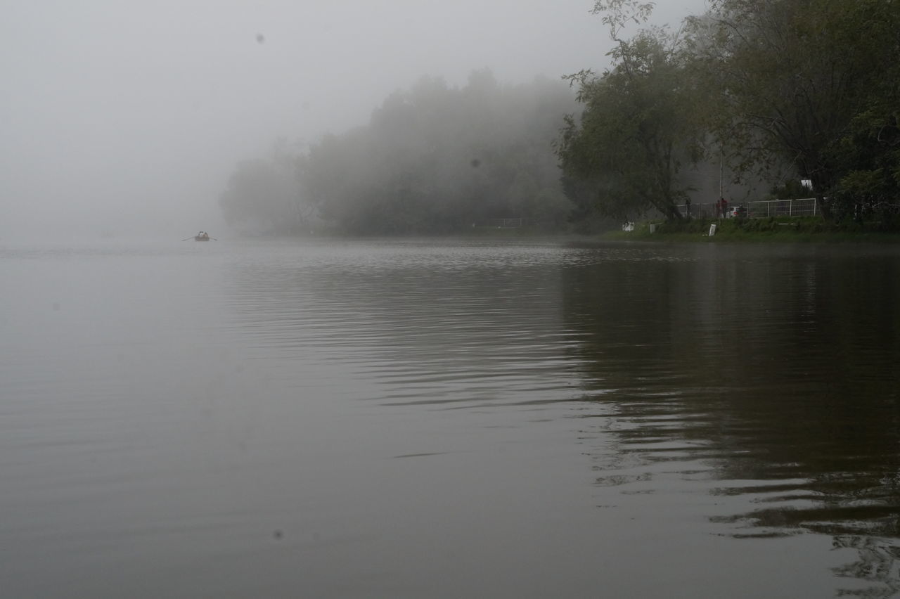 water, lake, waterfront, tranquil scene, tranquility, tree, reflection, scenics, fog, beauty in nature, nature, foggy, rippled, idyllic, river, sky, weather, non-urban scene, outdoors, calm