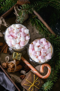 High angle view of marshmallow drink by pine needle in tray