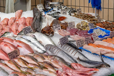 Market stall with fresh fish and seafood for sale seen in brixton, london