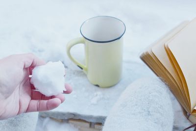 Close-up of hand holding a snow ball