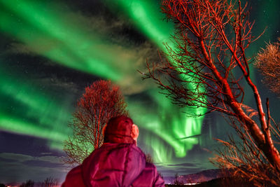 Rear view of man with umbrella against sky at night