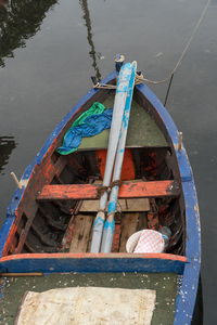 High angle view of fishing boat moored at river