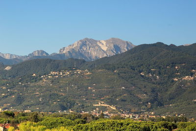 Scenic view of mountains against clear blue sky