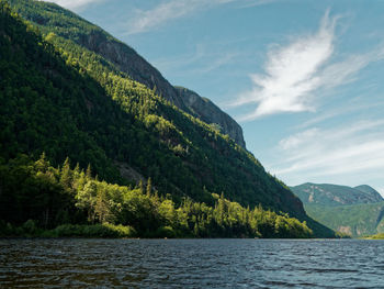 Scenic view of lake by mountain against sky