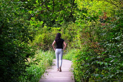 Rear view of girl walking on boardwalk in forest