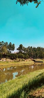 Scenic view of lake against clear blue sky