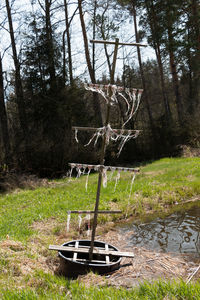 Chair on field against trees in forest