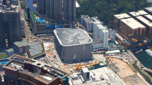 High angle view of buildings in city