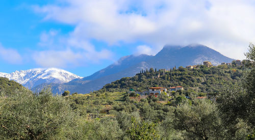 Scenic view of snowcapped mountains against sky