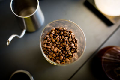 High angle view of coffee cup on table