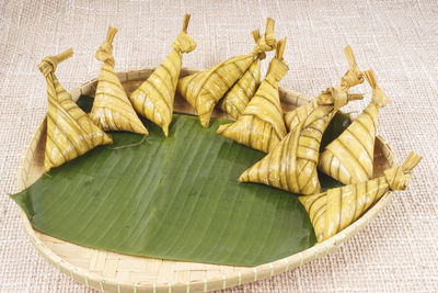 High angle view of leaves on table