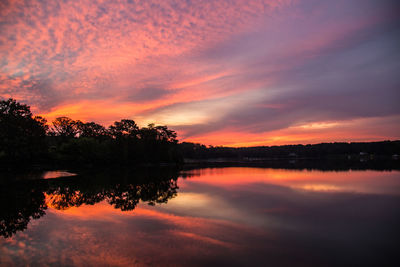 Scenic view of lake against romantic sky at sunset