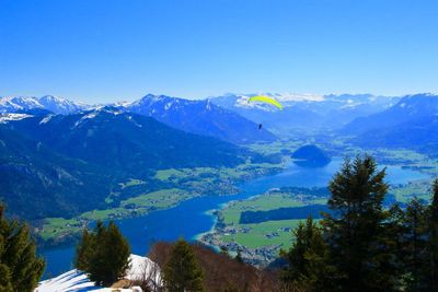 Scenic view of mountains against blue sky