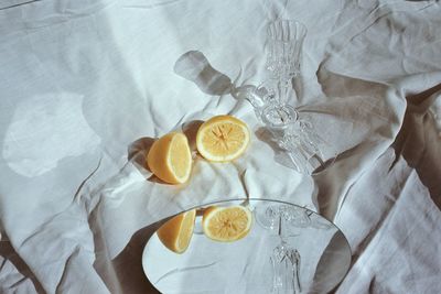 High angle view of breakfast on bed