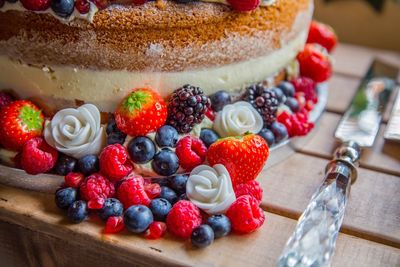 High angle view of dessert on table