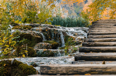 Wooden path in plitvice lakes national park in croatia in autumn