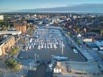 High angle view of buildings against sky in city