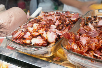 Street food ingredient - finely chopped bacon in a hawker. vietnam, ho chi minh