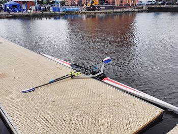 High angle view of boat moored in river