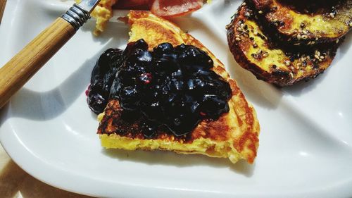 High angle view of pancakes in plate