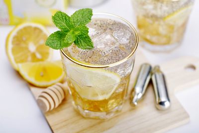 High angle view of drink on table