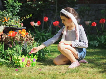 Caucasian little girl with headband bunny ears collects scattered easter chocolate eggs on the lawn