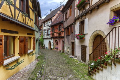 Rempart-sud street in eguisheim by night, alsace, france