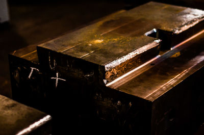 Close-up of old stack on table