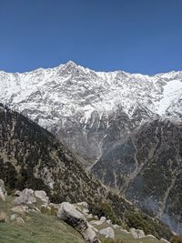 Scenic view of snowcapped mountains against clear sky