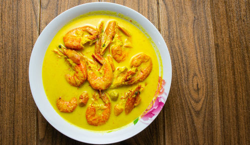 High angle view of soup in bowl on table