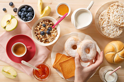 High angle view of breakfast on table