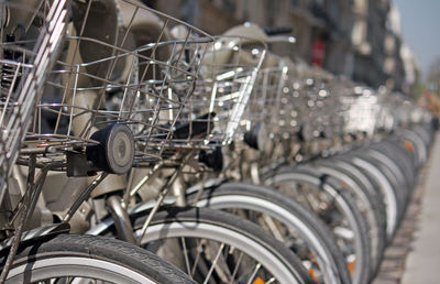 Row of rental bikes in paris, france
