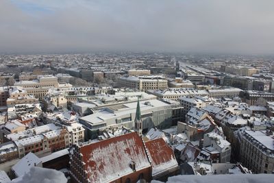 High angle view of townscape against sky during winter