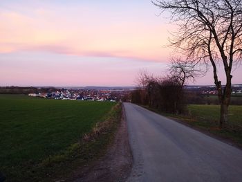 Road amidst trees and buildings against sky during sunset