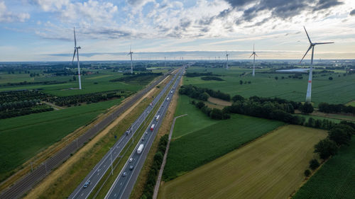 Panoramic aerial drone view of wind farm or wind park for generation electricity